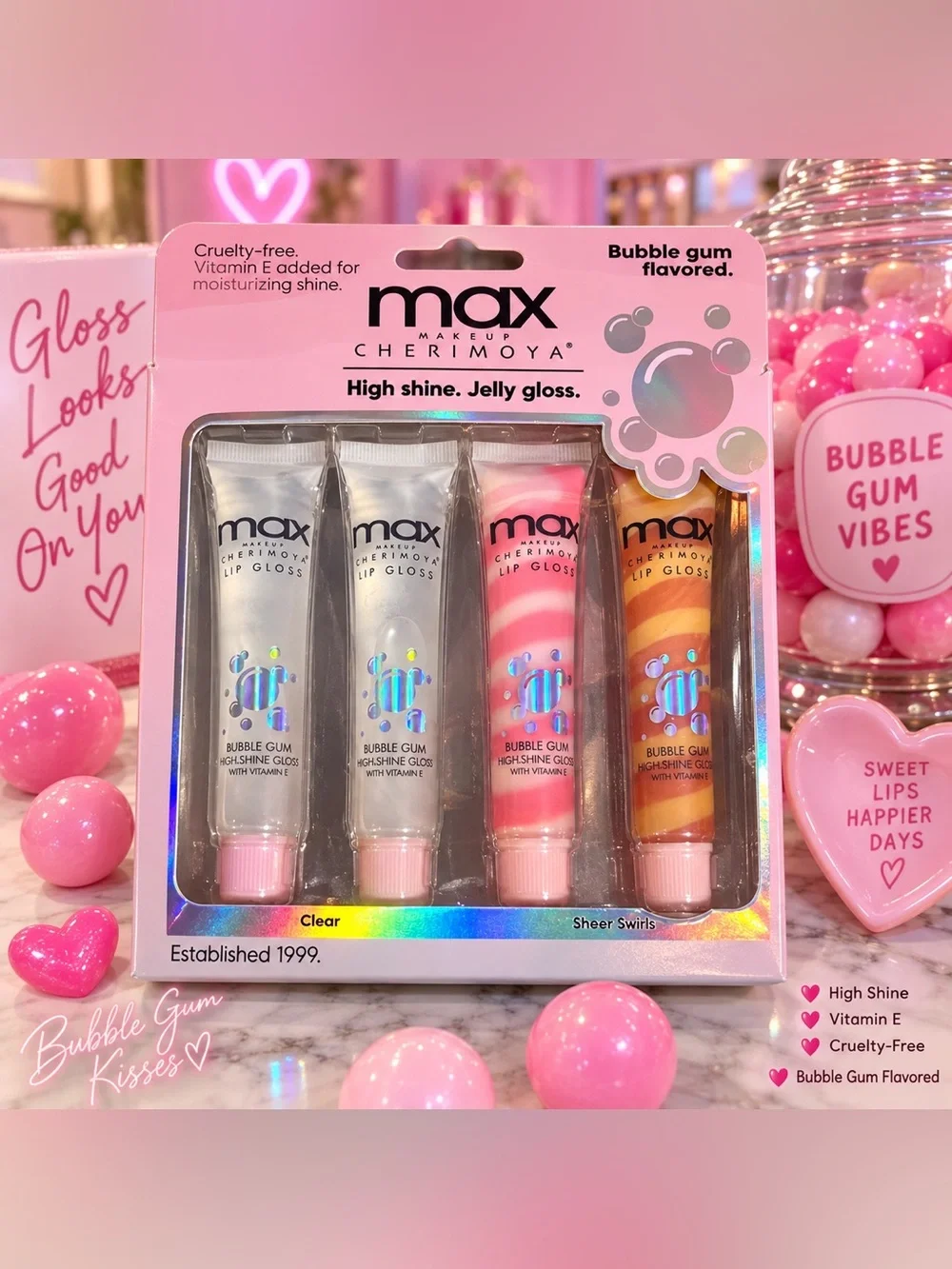 MAX Makeup Cherimoya Bubble Gum Lip Gloss 4-Piece Set NWT